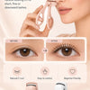 A close-up of a person using an electric heated eyelash curler to style lashes, showing before and after results.