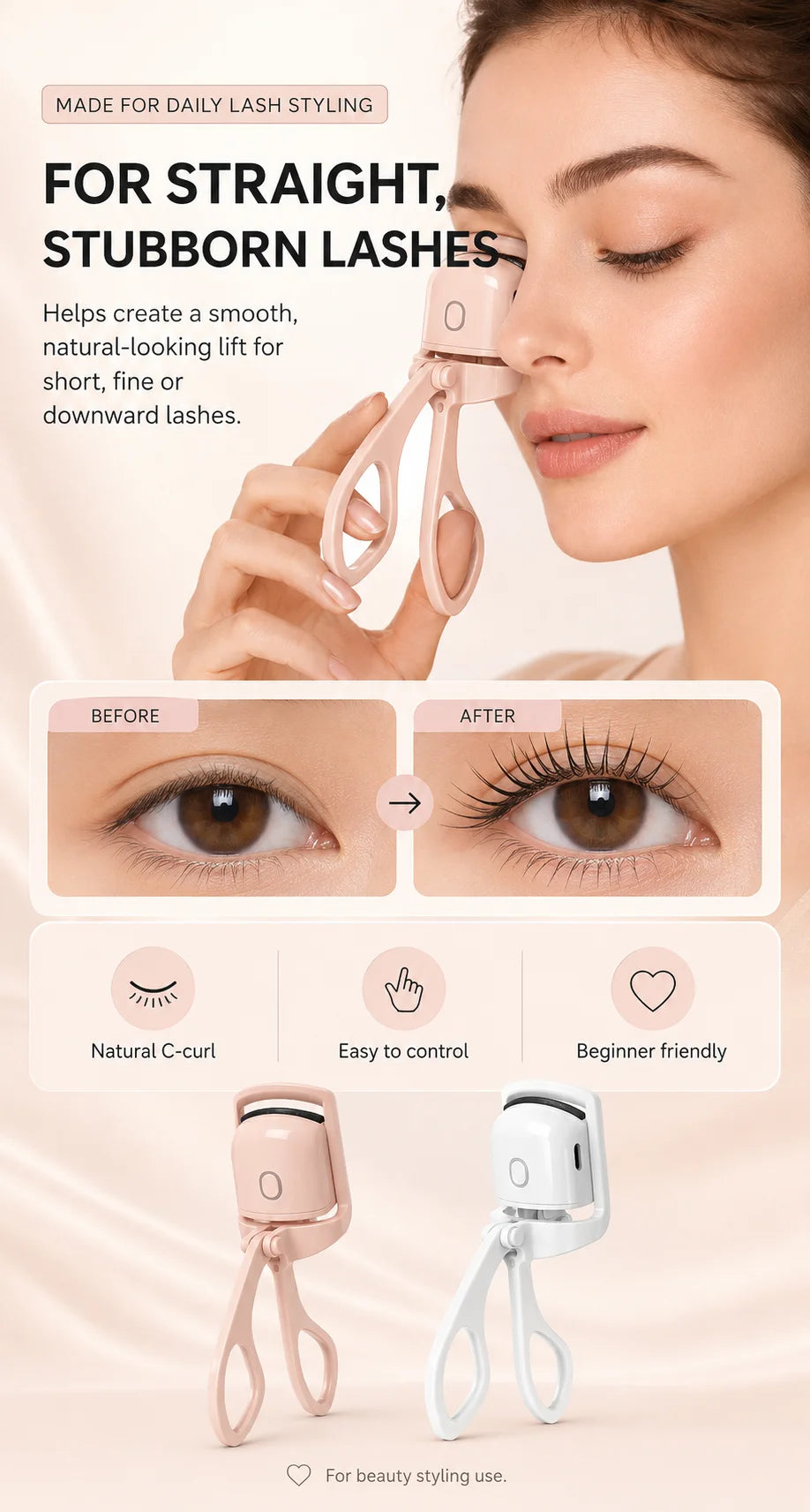 A close-up of a person using an electric heated eyelash curler to style lashes, showing before and after results.