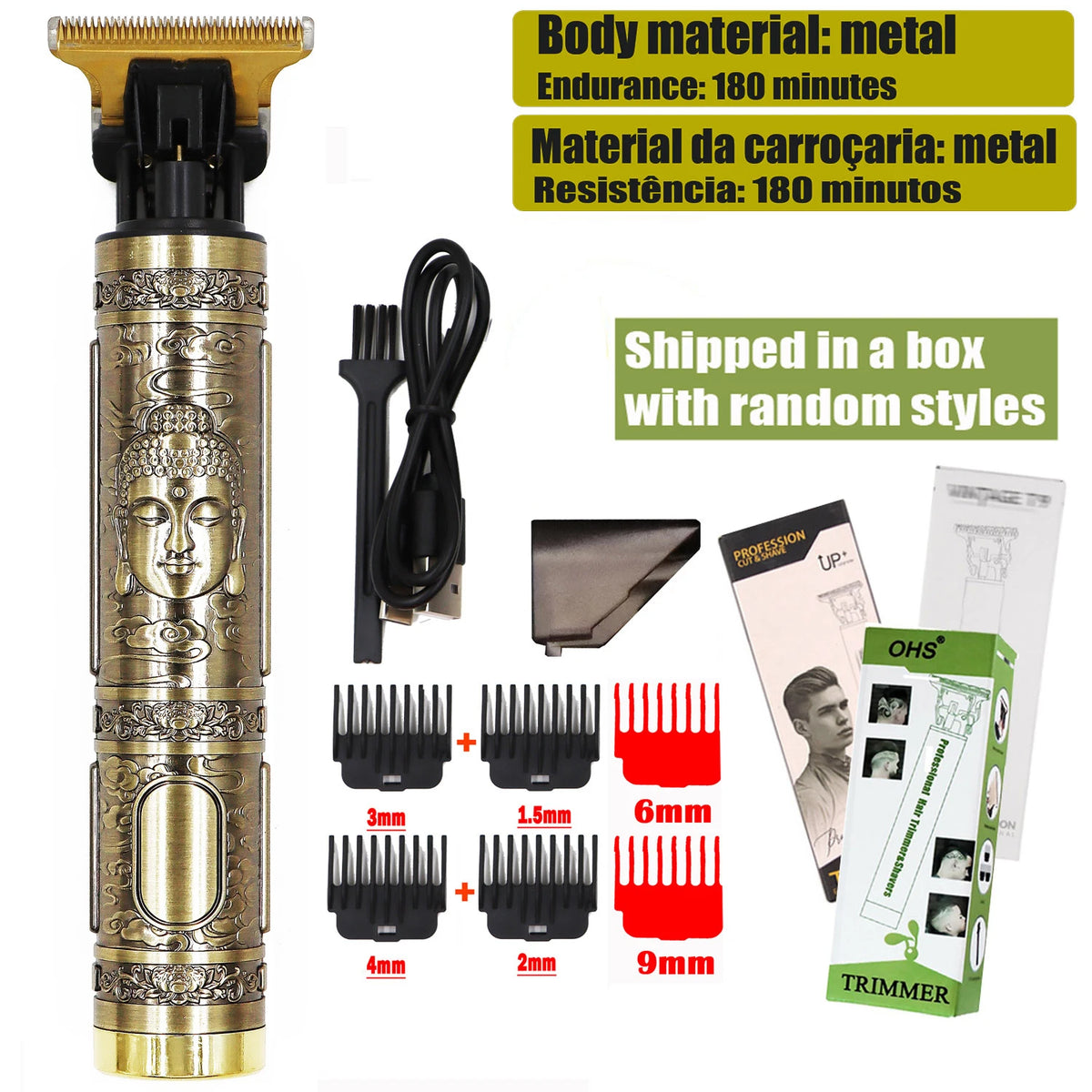 A professional electric hair trimmer with various attachments for beard and body grooming.