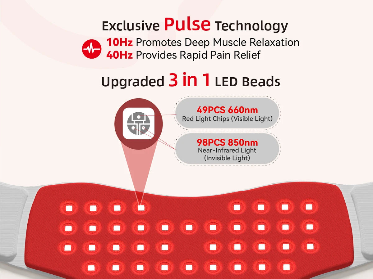 A red therapeutic light therapy belt featuring upgraded 3 in 1 LED beads for muscle relaxation and pain relief.