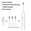 A white sonic electric toothbrush body with four included brush heads and a USB charging cable.