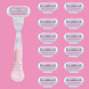 A set of 10 replacement shaving blades with pink and silver layers shown in various orientations