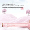 A pink automatic ceramic curling iron is shown next to hair samples demonstrating fine, neutral, and coarse hair results.
