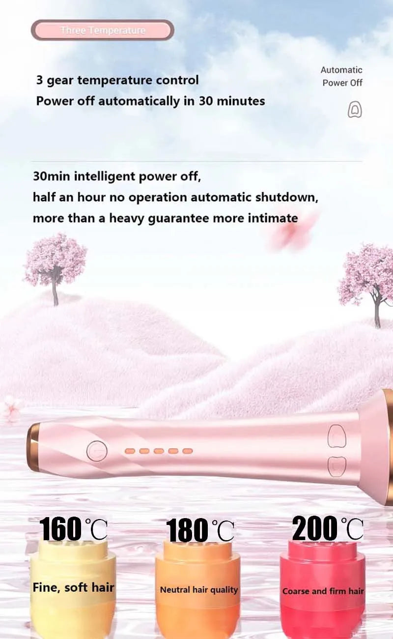 A pink automatic ceramic curling iron is shown next to hair samples demonstrating fine, neutral, and coarse hair results.