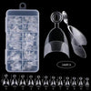 A set of 12 clear half cover almond press-on fake nails in various sizes displayed next to a clear storage case.