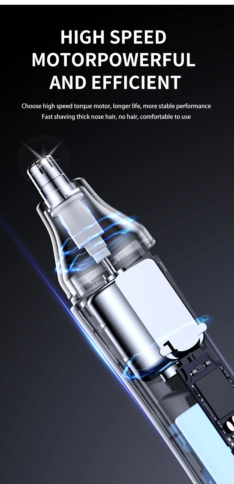 Close-up view of a silver electric nose and ear trimmer with blue light effects.