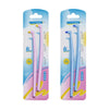 Une paire de brossettes interdentaires roses emballées dans du plastique bleu pour le nettoyage des dents de sagesse