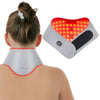 A person is wearing a white Hello Face therapy belt with an illuminated red and infrared light panel.