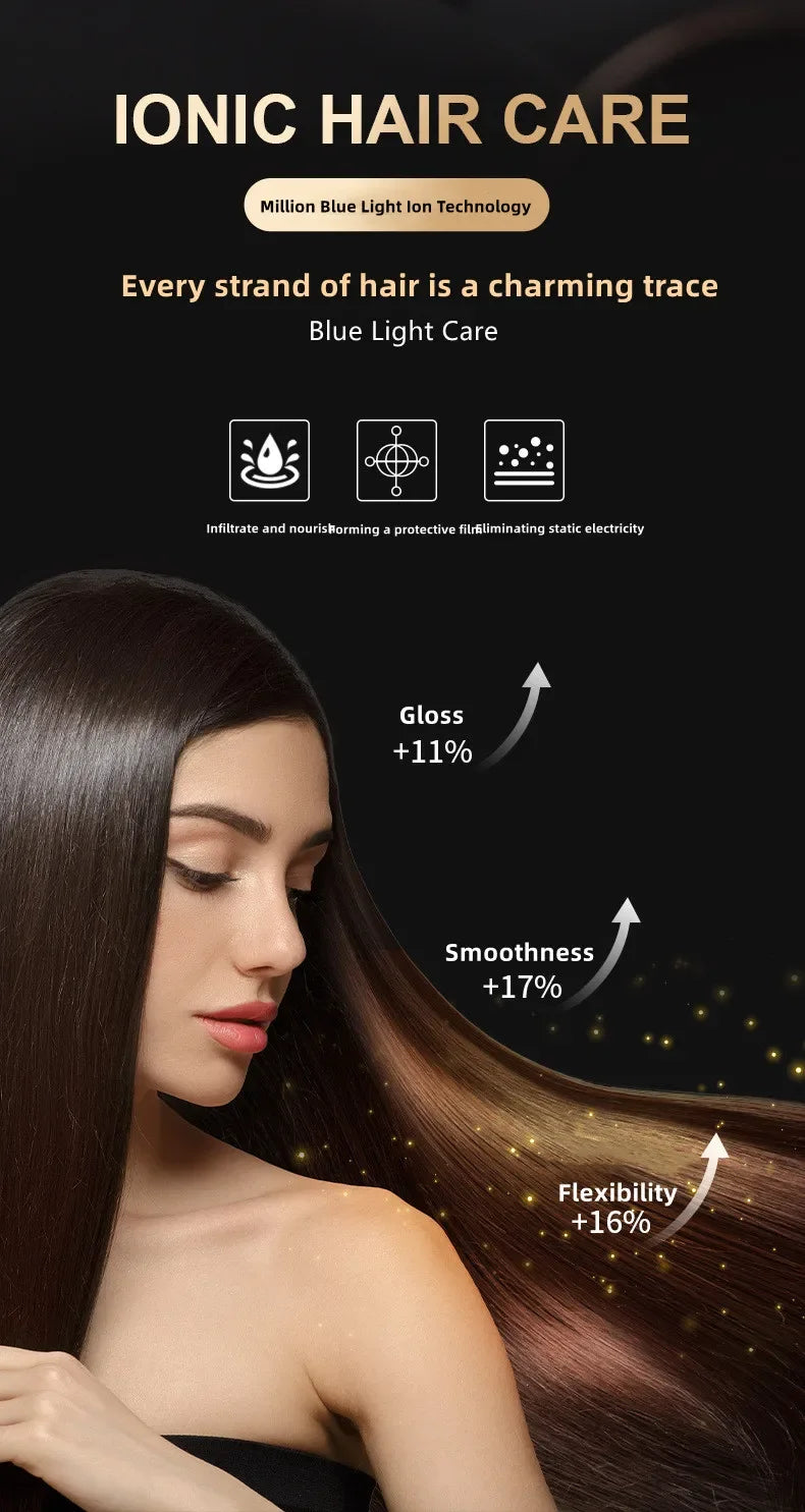 A woman's long, dark hair is shown with glowing strands, demonstrating the benefits of Ionic Hair Care.