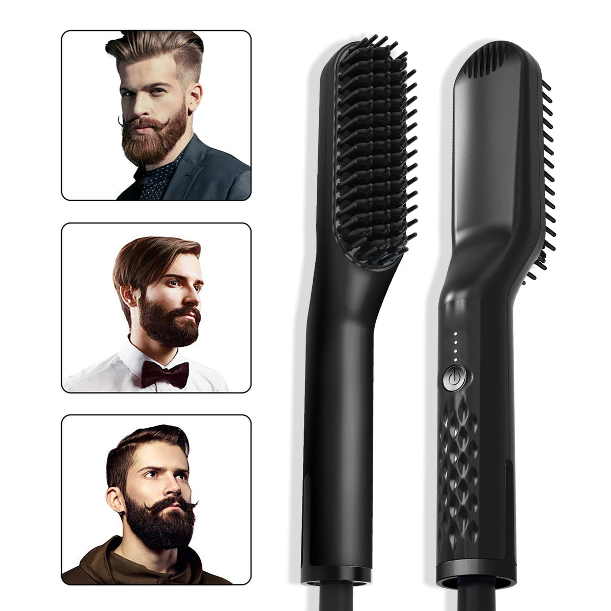 A black professional hair straightening comb shown in various angles with a male model.