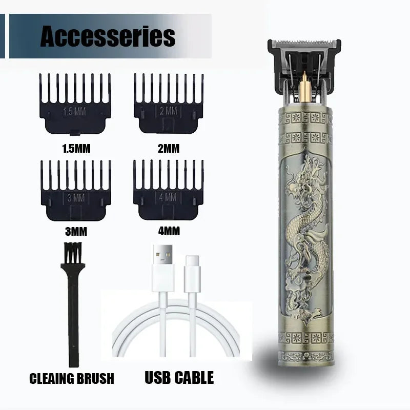 Accessories for a professional electric hair trimmer including guards, a cleaning brush, and a USB cable.