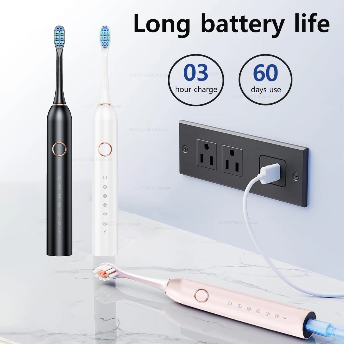 A professional sonic electric toothbrush in black and white is shown next to a charging adapter, demonstrating long battery l