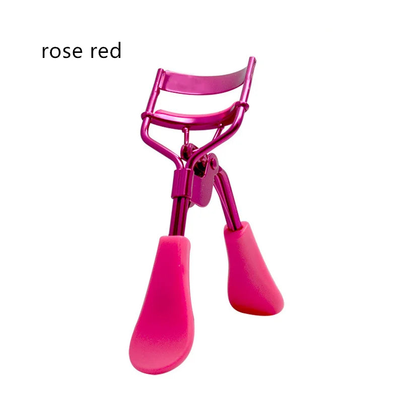 A pink rose red professional eyelash curler set with pink plastic handles.