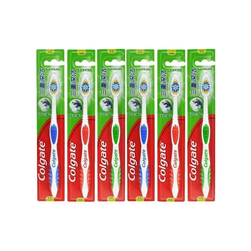 A pack of six Colgate soft bristle toothbrushes in green packaging.