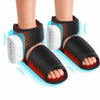 A black ankle foot massager is shown being worn on a person's foot, with the device and strap visible.