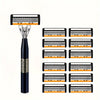 A black safety razor with multiple orange and black blades displayed vertically.