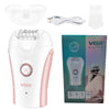 A white and pink rechargeable electric epilator device shown with its components and packaging.