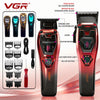 A VGR professional rechargeable hair clipper trimmer shown with various blade attachments and a main unit.