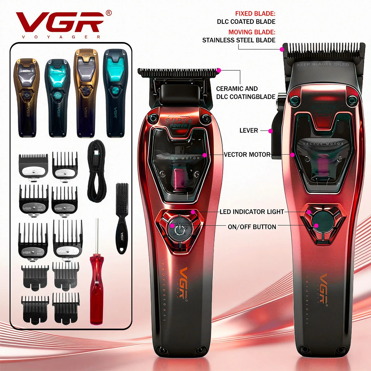 A VGR professional rechargeable hair clipper trimmer shown with various blade attachments and a main unit.