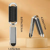 A silver folding mini hair comb with a mirror is shown next to its disassembled parts and dimensions.