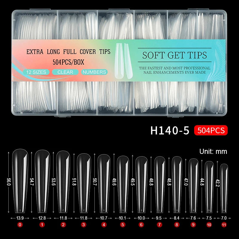 Boîte de kits H140-5 pour ongles acryliques longs souples avec différentes tailles et numéros clairs.