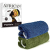 Two blue and green African net exfoliating loofah sponges shown next to the packaging.