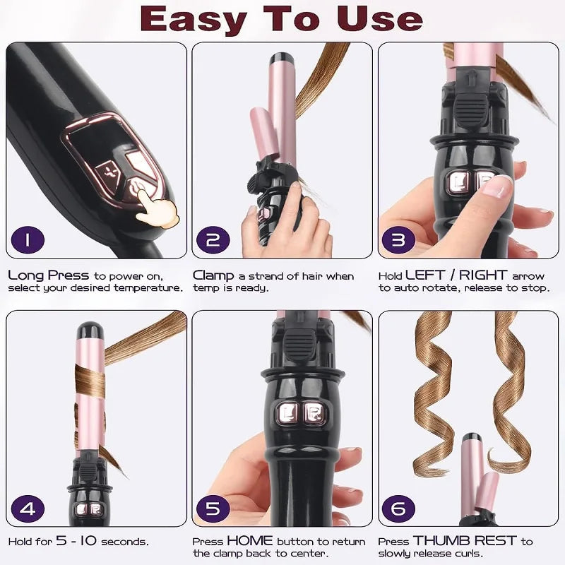 Instructions for using an automatic rotating curling iron showing steps for power on, clamping hair, and curling.