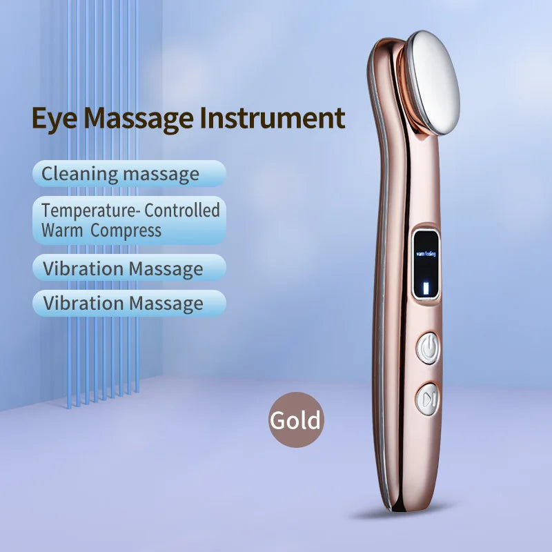 A gold eye massage instrument wand is shown against a light blue background with text listing various massage functions.