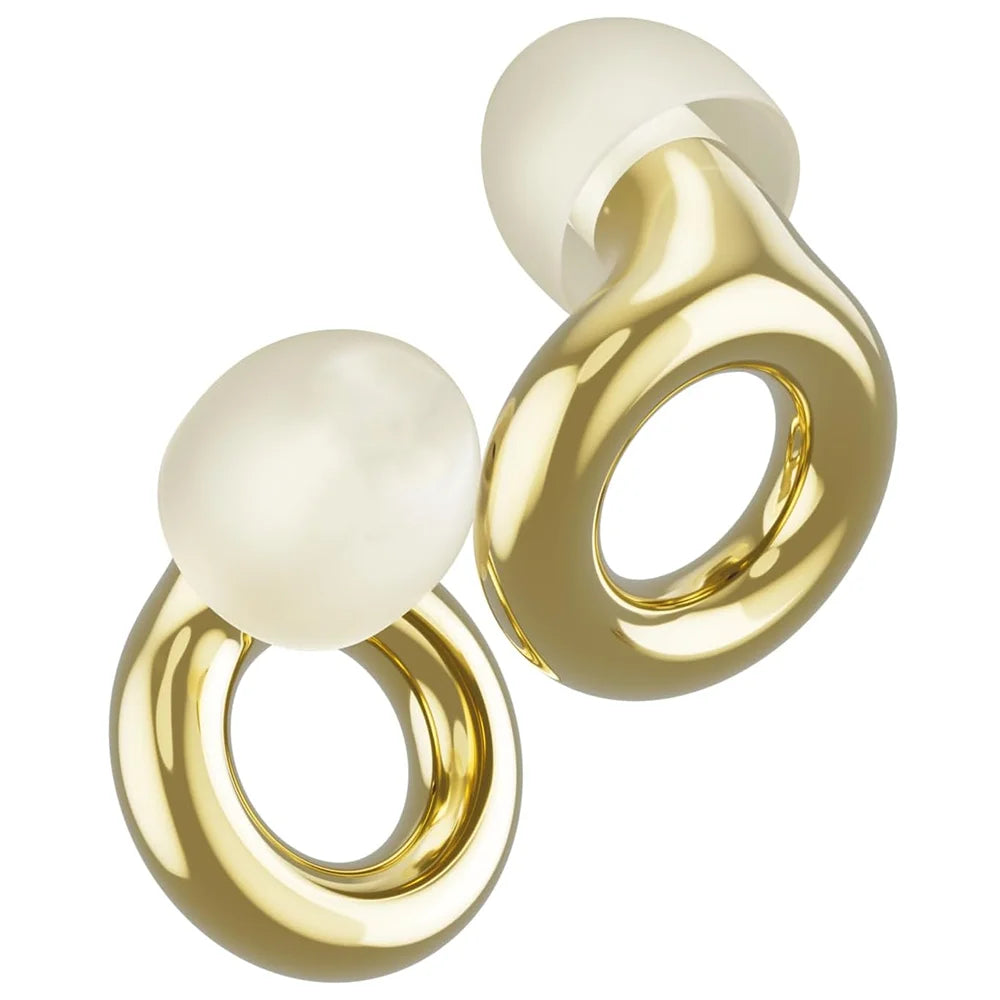 A pair of gold silicone noise-cancelling earplugs with white tips.