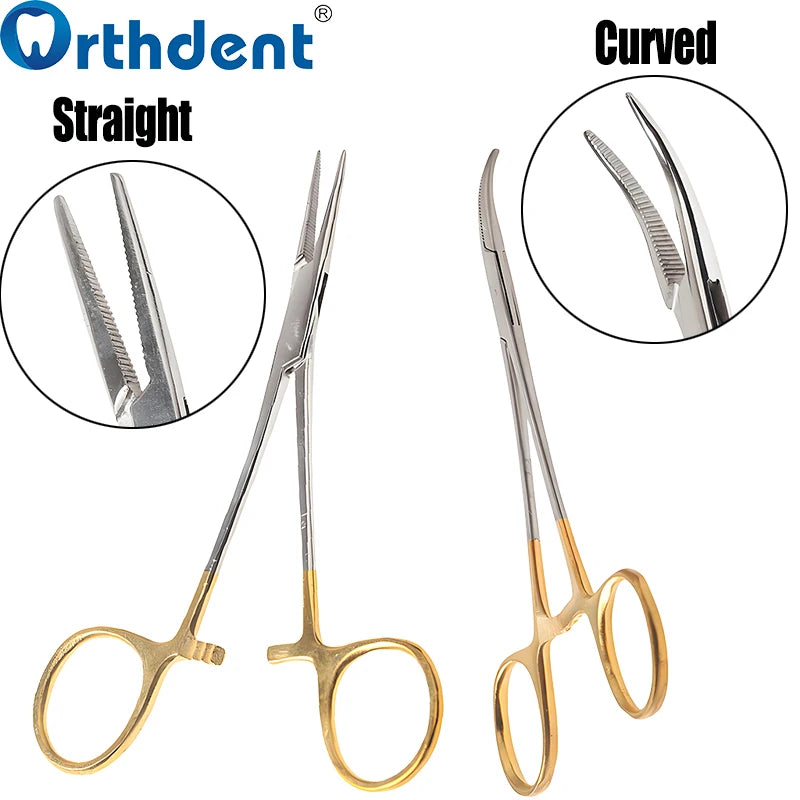 A pair of professional stainless steel dental hemostatic forceps shown in a daylight setting.