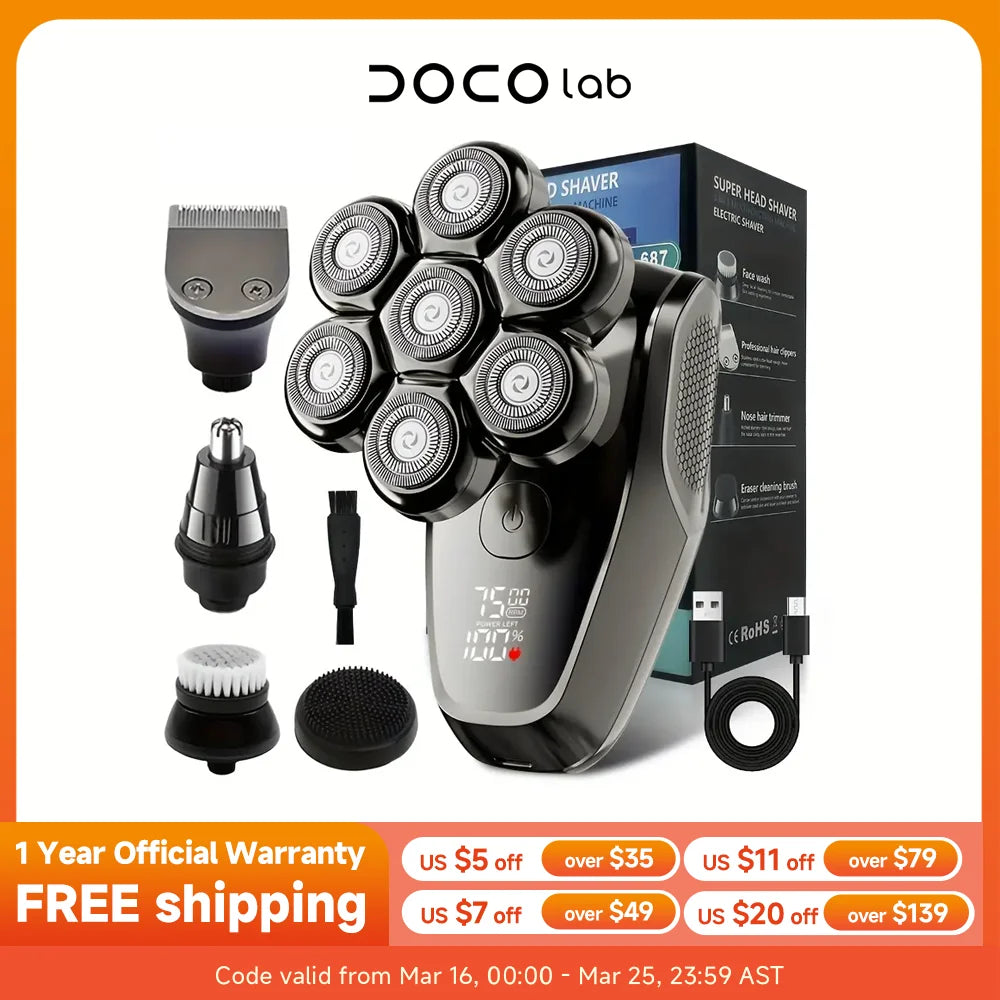A black 5-in-1 multifunctional electric shaver and trimmer with multiple attachments shown on a white background.