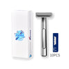 A box and a silver double-edge safety razor are shown, packaged as 10 pieces.
