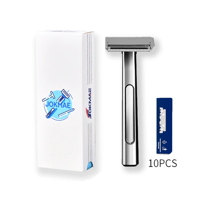 A box and a silver double-edge safety razor are shown, packaged as 10 pieces.