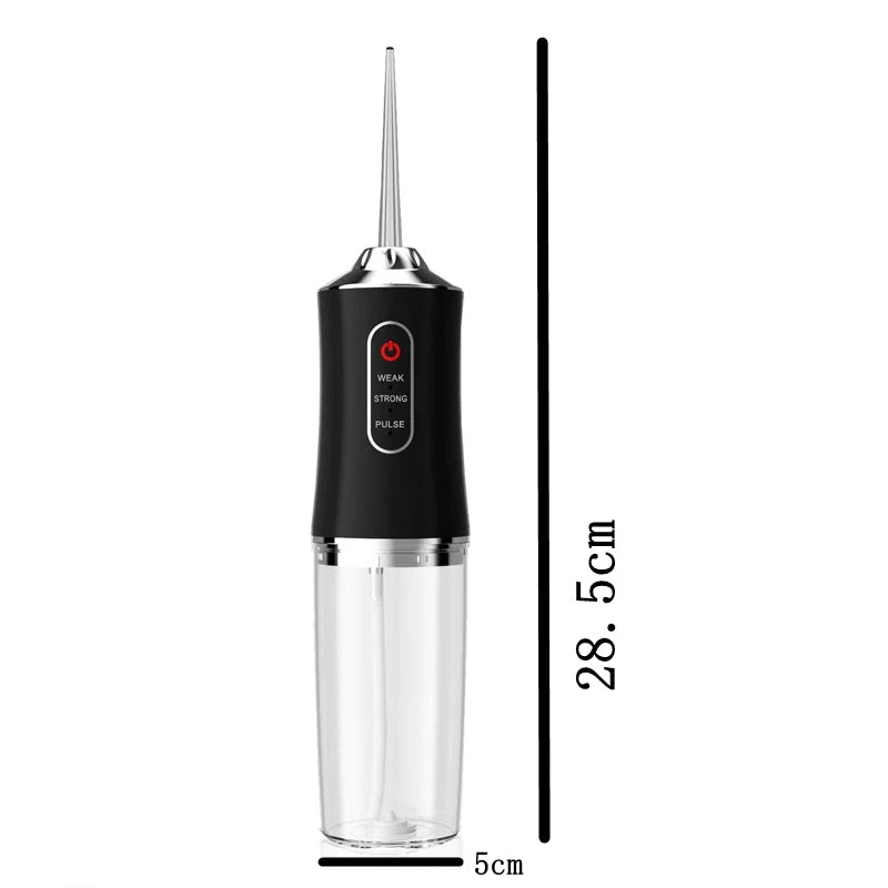 A black portable electric water flosser with a clear glass chamber and a silver nozzle, shown against a white background.