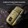 A gold-colored electric shaver is shown being washed under water, emphasizing its complete machine washing feature.