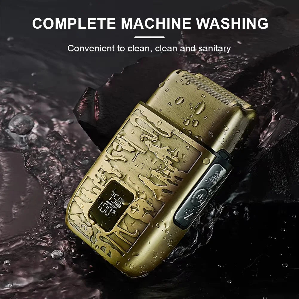 A gold-colored electric shaver is shown being washed under water, emphasizing its complete machine washing feature.