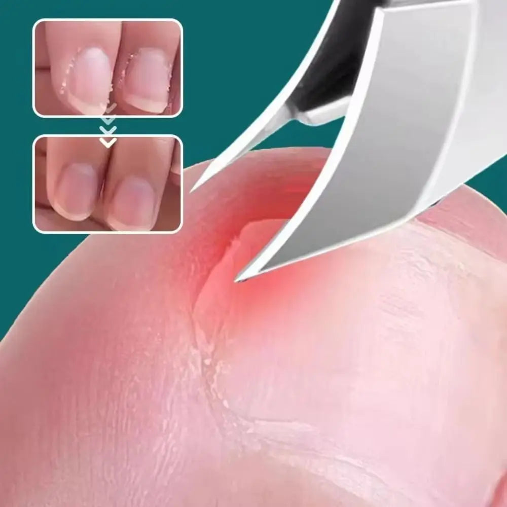 A stainless steel slant edge nail clipper is shown cutting a fingernail on a finger.