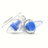 Tapón de silicona claro con punta azul y cuerpo translúcido, mostrado junto a una guía de medición.