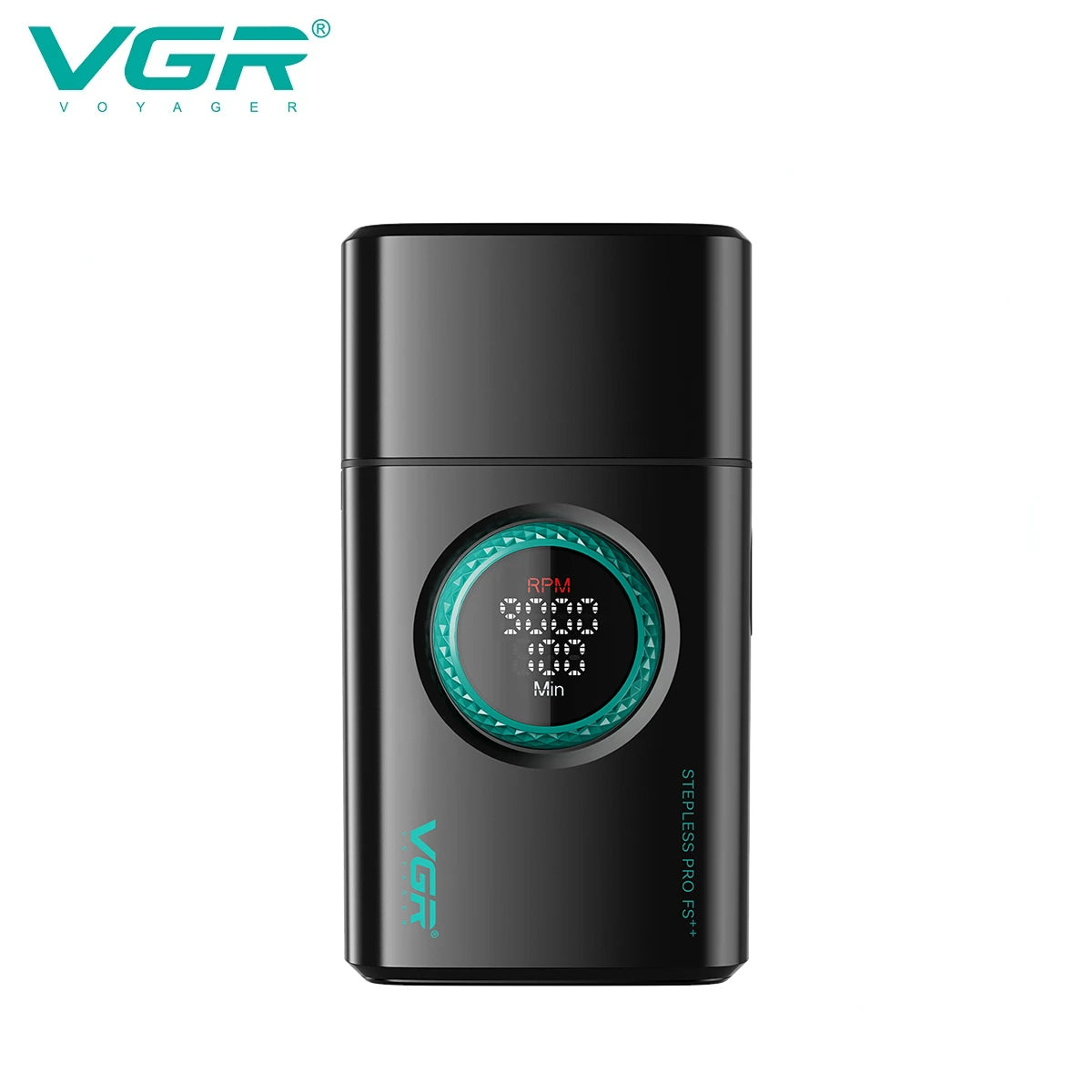 A black VGR electric beard and mustache trimmer with a digital RPM display.