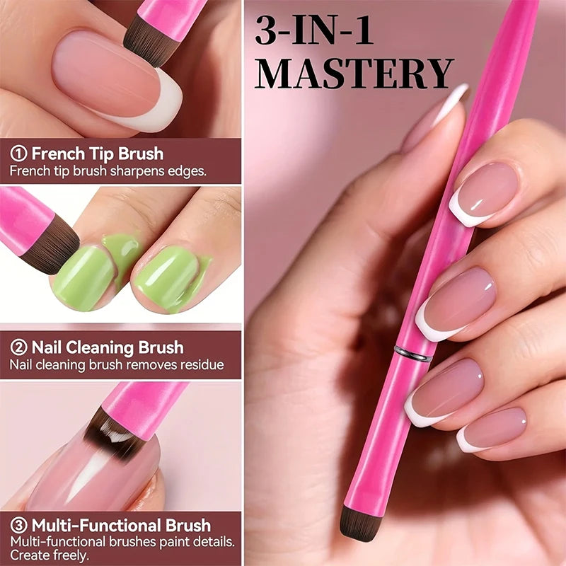 A pink multi-functional nail brush set showing three functions: a French tip brush, a nail cleaning brush, and a multi-functi