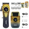 A Kemel hair clipper kit showing a handheld trimmer and a main body unit with various attachments.