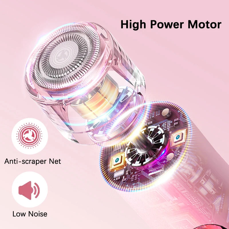 Close-up of a pink electric shaver with a high power motor and anti-scraper net features.