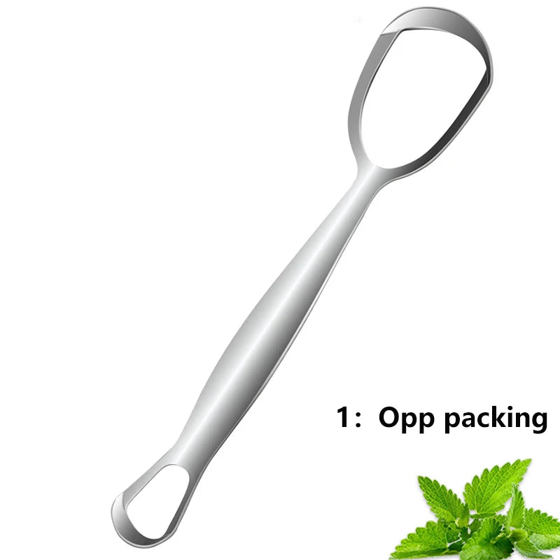 Raspador de lengua de acero inoxidable con mango de lazo junto a hojas frescas de menta.