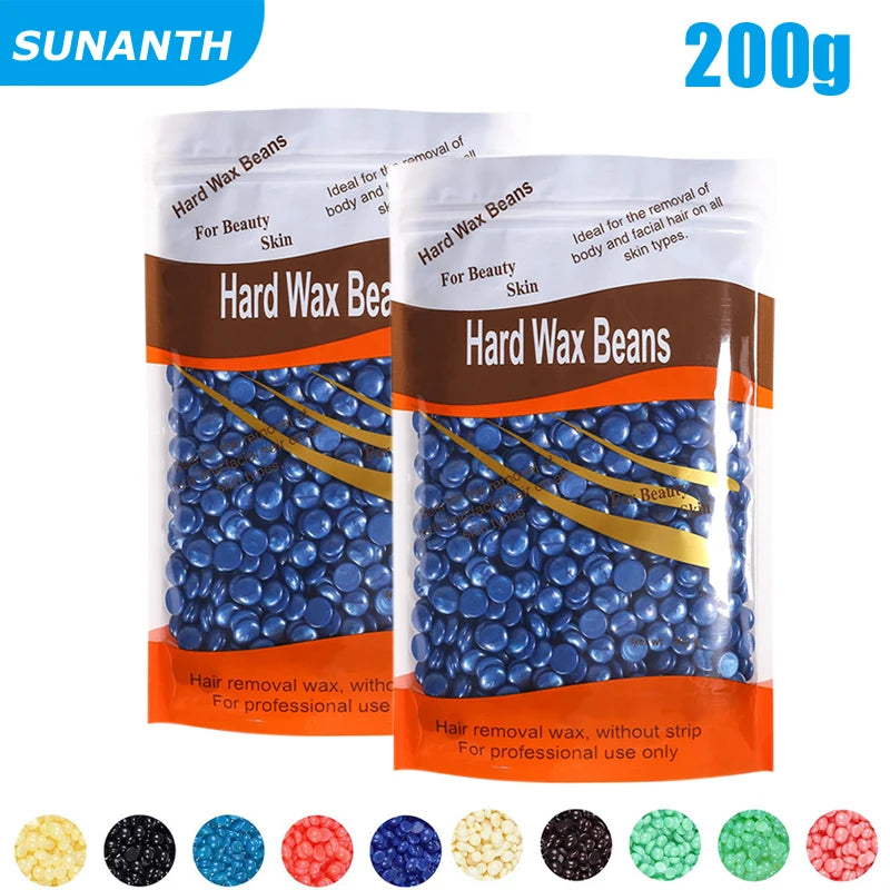 A package of Hard Wax Beans for beauty and skin hair removal is shown, with various colored beans displayed below.