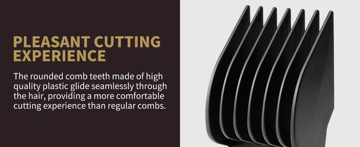 A close-up of black precision cutting combs for hair clippers and trimmers, highlighting a pleasant cutting experience.