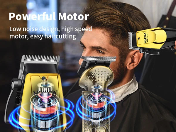 A man is using a yellow and black professional rotary hair trimmer for precision grooming.