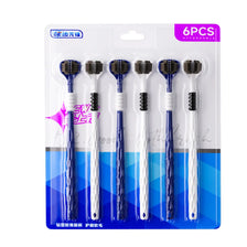 A pack of six blue and white U-shaped 3D toothbrushes for deep full-mouth cleaning