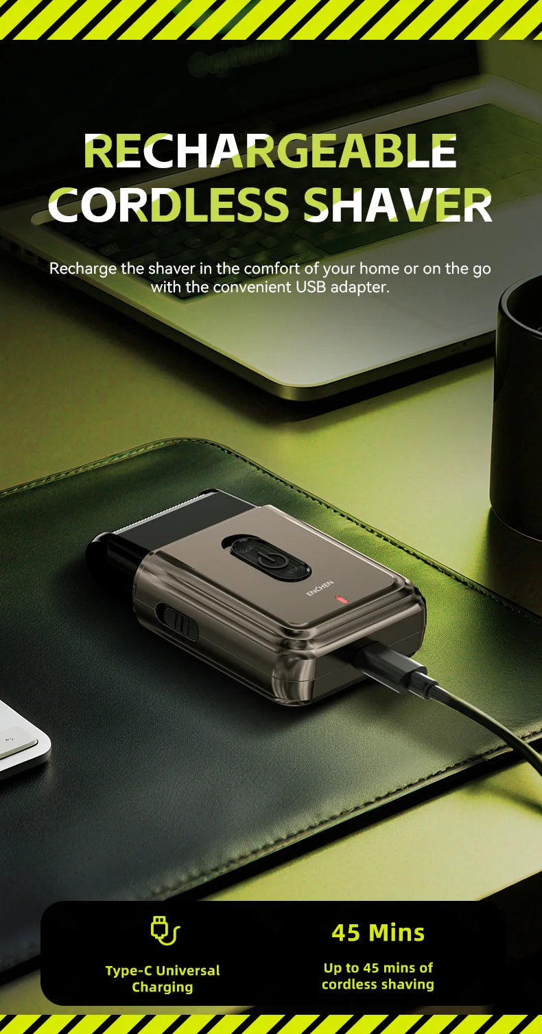 A portable rechargeable cordless shaver resting on a green surface with text promoting USB charging and 45 minutes of cordles