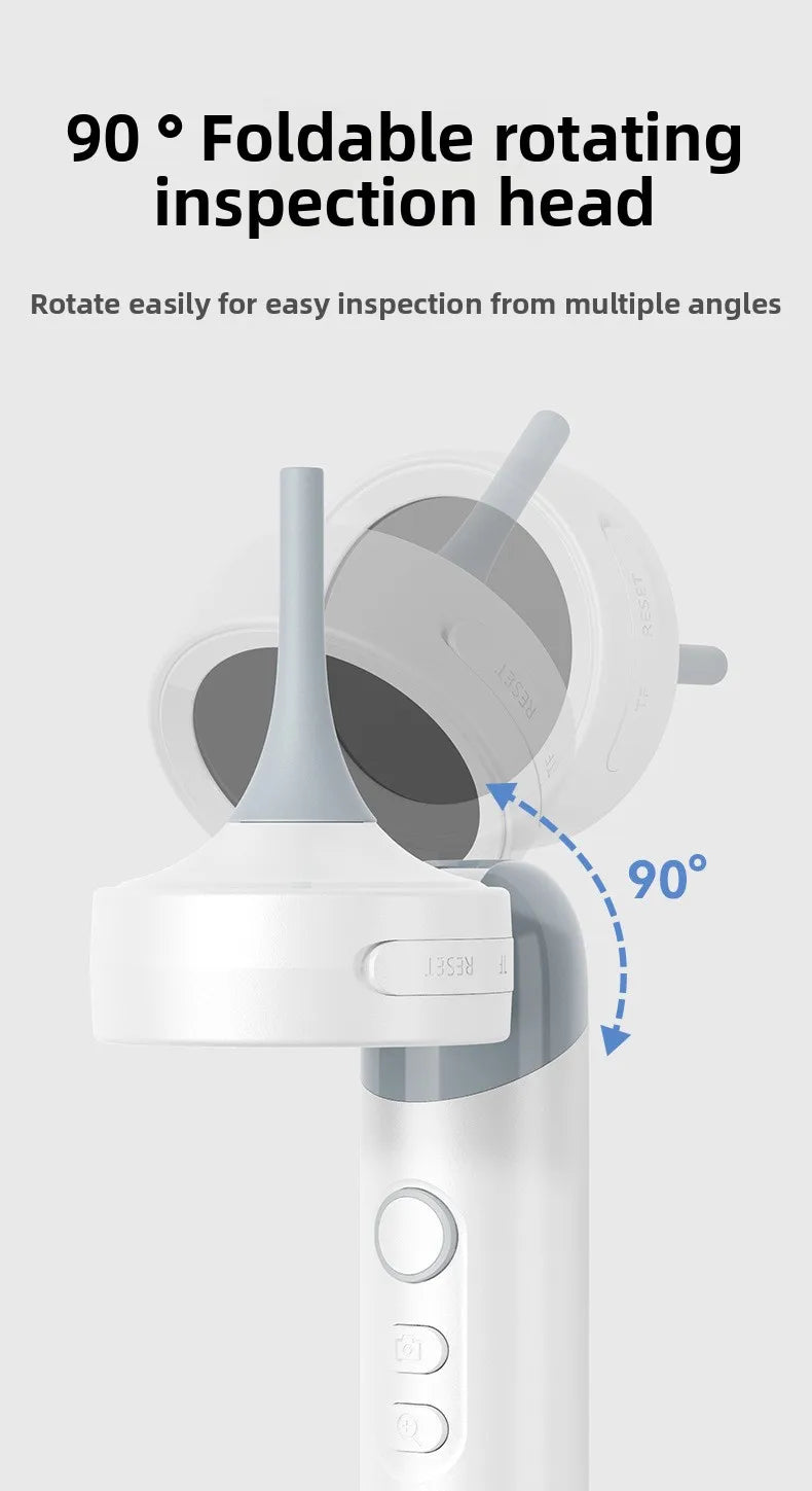 A white portable HD ear camera inspection head is shown rotating 90 degrees for easy viewing.
