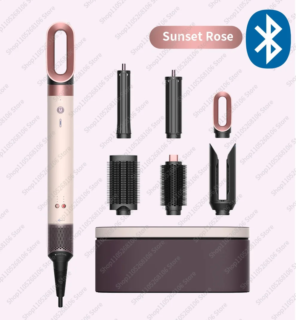 A set of 6 hair styling tools including a round brush, straightener, curling iron, and dryer in rose gold and black.